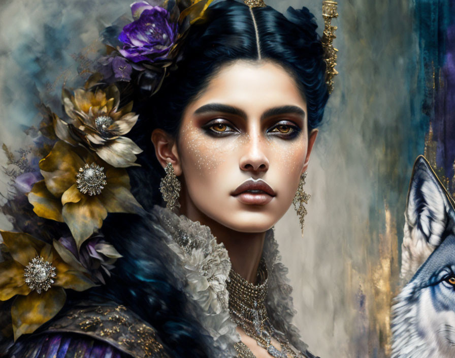 Portrait of Woman with Striking Makeup and Gold Jewelry Alongside Wolf Illustration