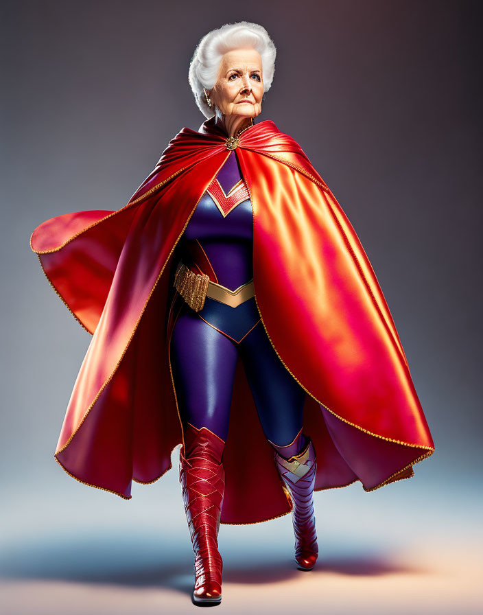 Elderly Woman in Superhero Costume with Red Cape and Blue Bodysuit