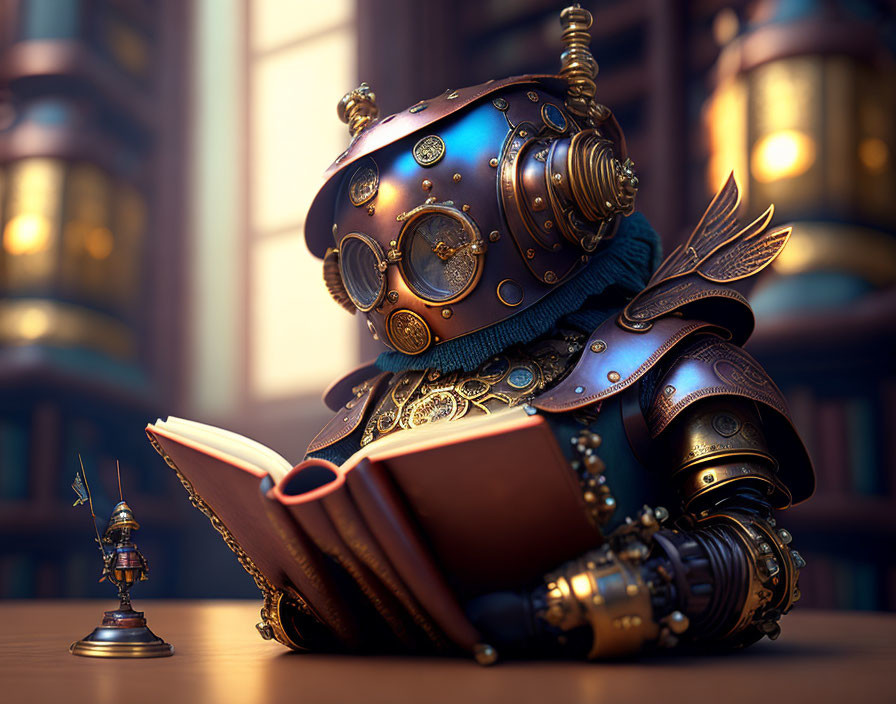 Steampunk-style robot reading a book in 3D illustration