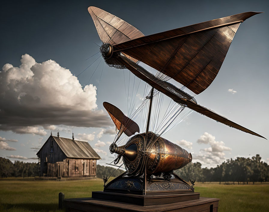 Steampunk-style flying machine model with wings and propellers outdoors.