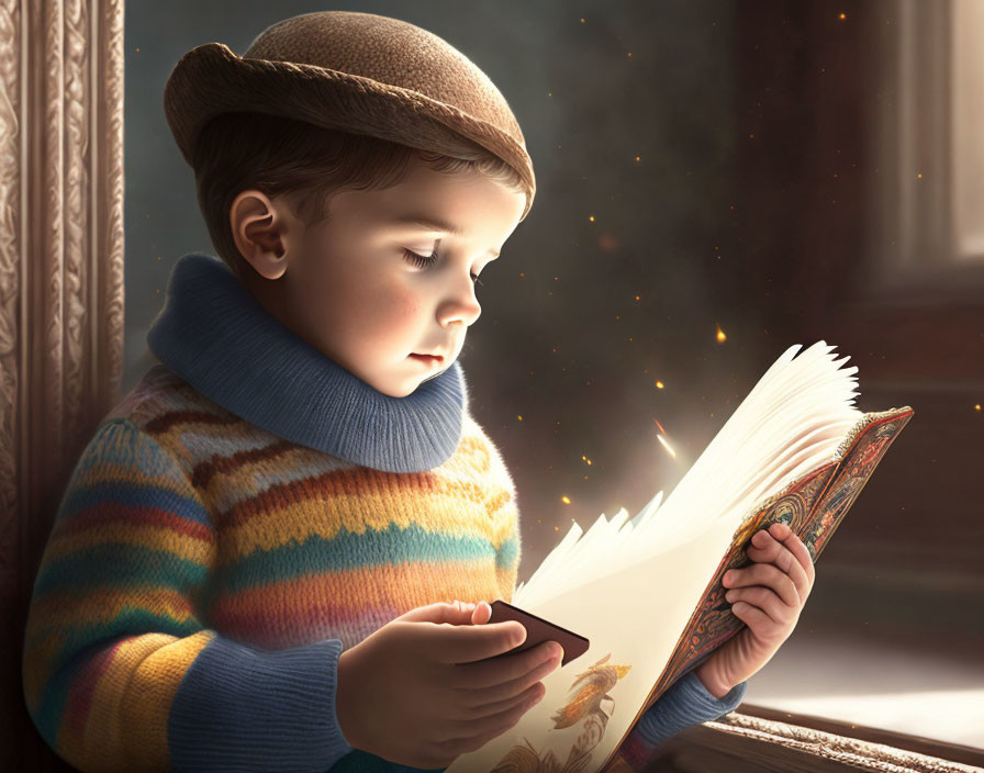 Child in Colorful Sweater Reading Magical Book by Window