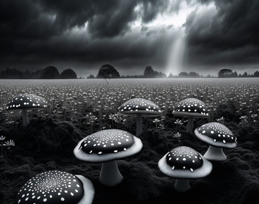 Monochrome field of oversized mushrooms under stormy sky