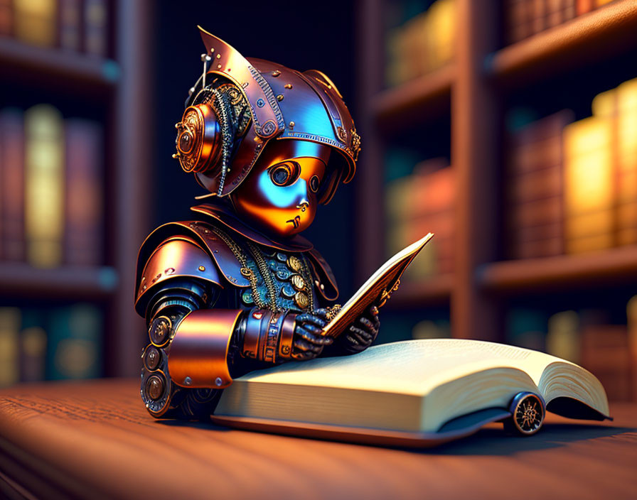 Knight in ornate armor reading book in library setting