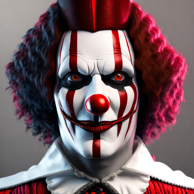 Menacing clown with red and white makeup and bulbous red nose