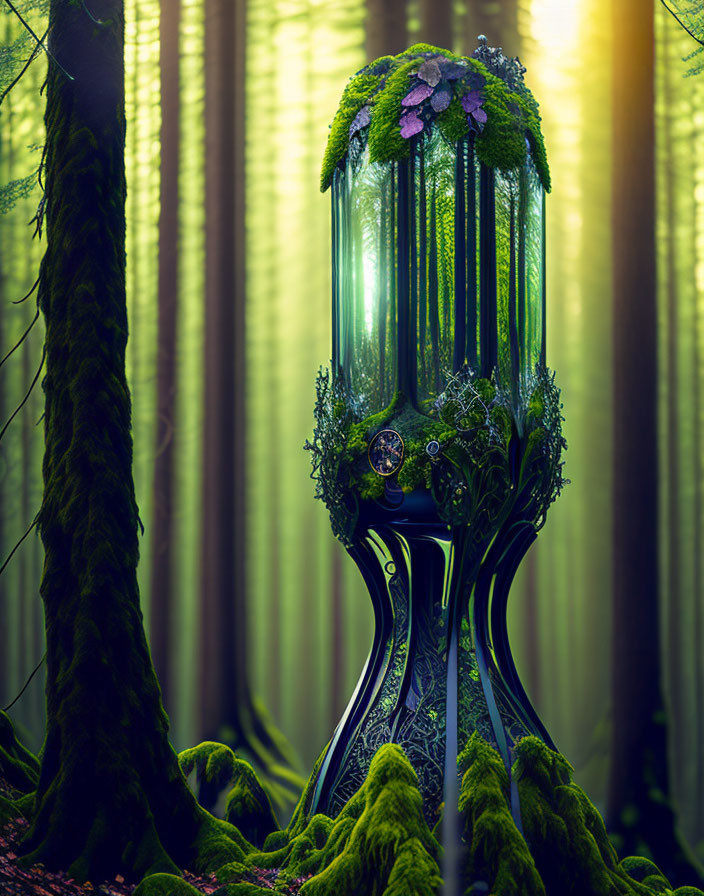 Intricate hourglass with greenery in mystical forest