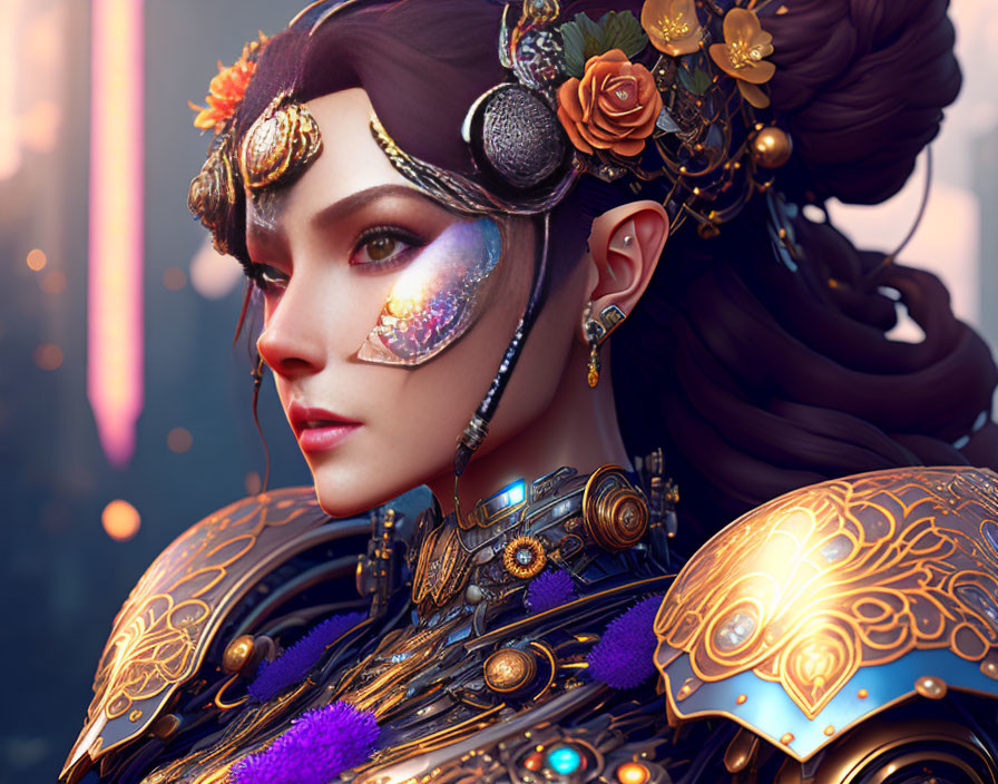 Intricate digital artwork of woman in gold armor and floral headdress