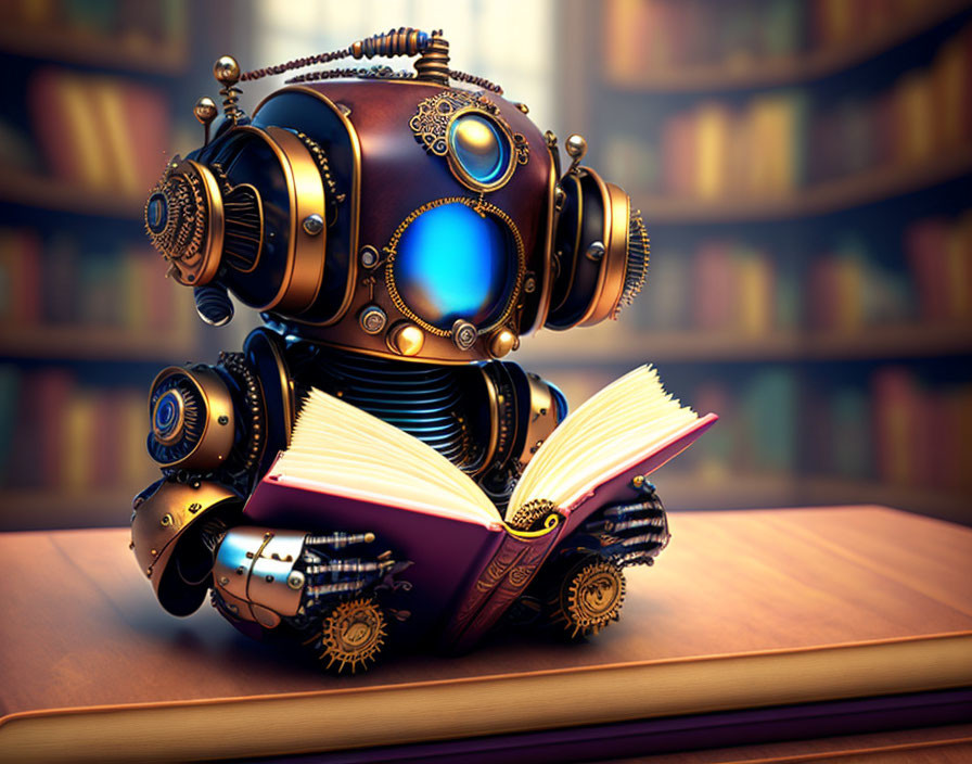 Steampunk-style robot reading book in library with gears.