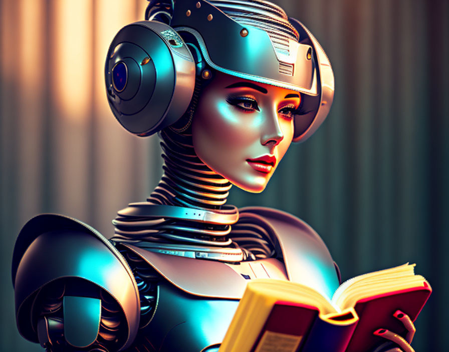 Detailed Futuristic Female Robot Reading Red Book in Warm Light