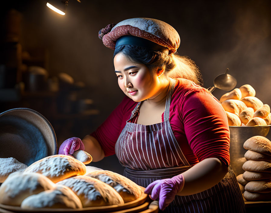 Baker arranging freshly baked loaves in warm bakery.