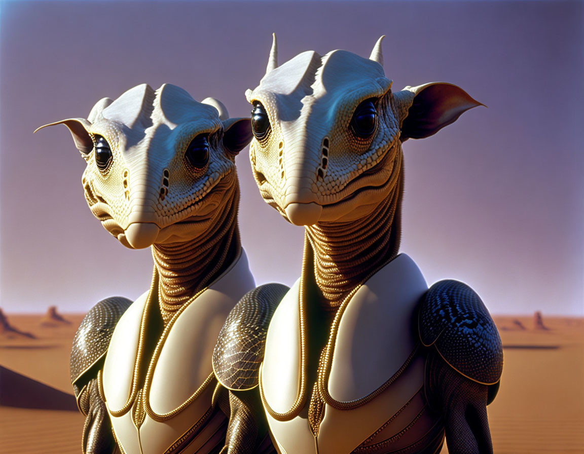 CG-animated reptilian creatures with large eyes in desert landscape