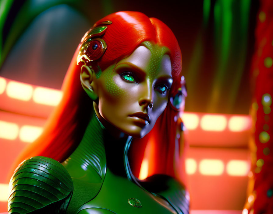 Female Cyborg with Red Hair and Green Skin in Futuristic Setting