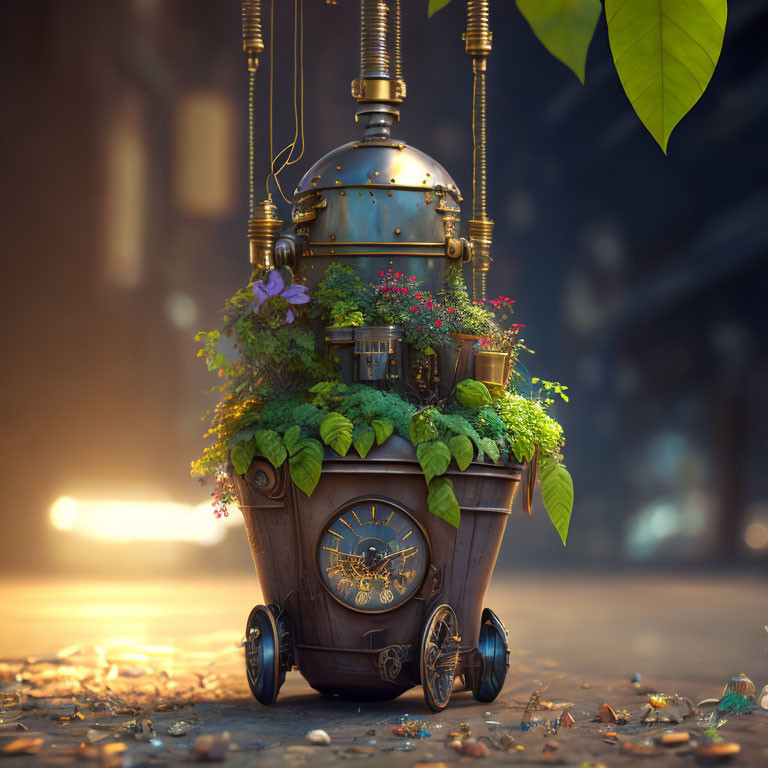 Steampunk-inspired planter with clocks and gears, lush greenery, and ambient light