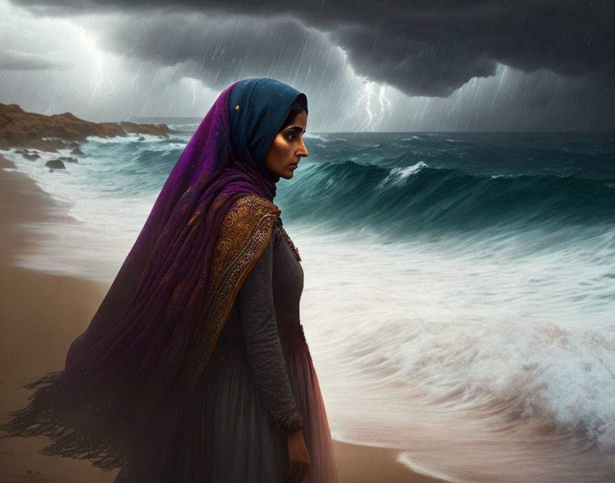 Woman in colorful headscarf on beach under stormy sky with lightning