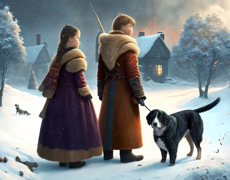 Children, dog, and snowy landscape with distant fire and cozy houses.