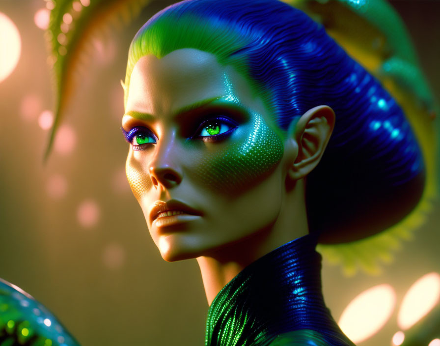 Futuristic female figure with green skin and vibrant blue eyes under ambient lighting