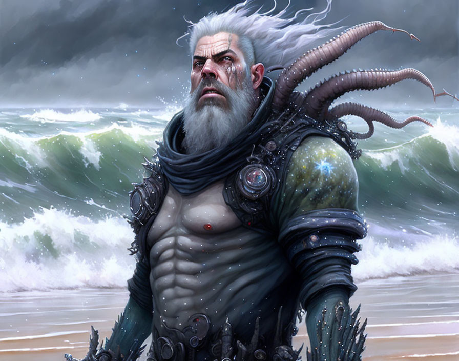 Bearded man with octopus tentacle by stormy sea