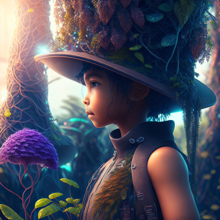 Child with leaf-adorned hat in enchanted forest near glowing light and purple mushroom