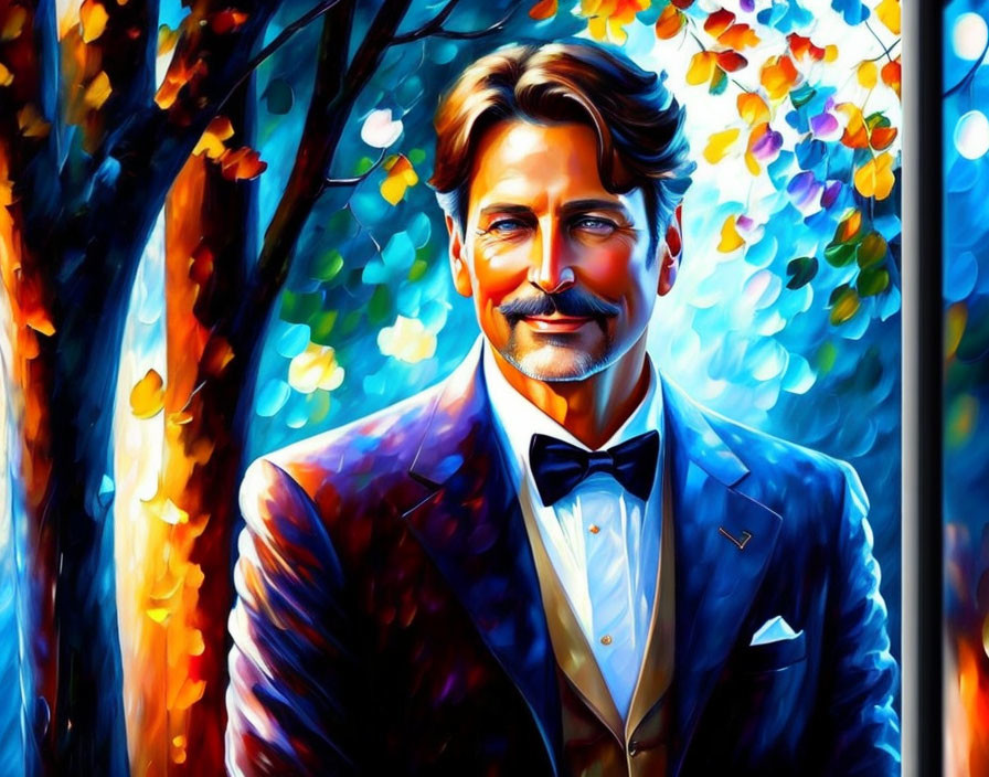 Colorful portrait of a smiling man with mustache in tuxedo and bowtie, autumn trees