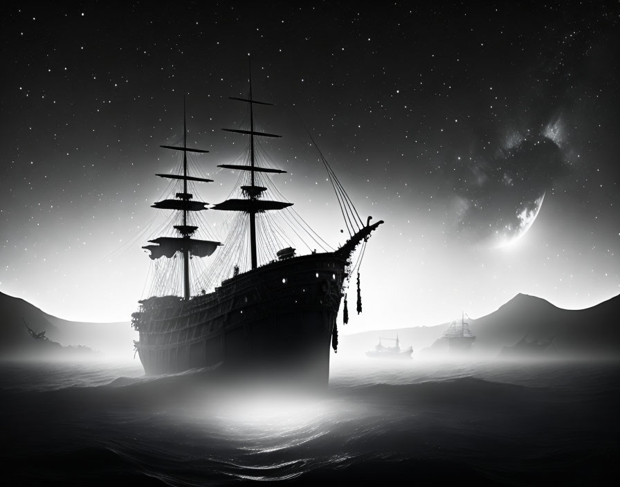 Sailing ships stranded on sand dunes under crescent moon and stars