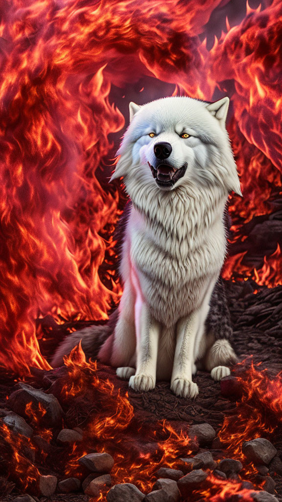 White wolf surrounded by intense flames contrast cool fur with heat.