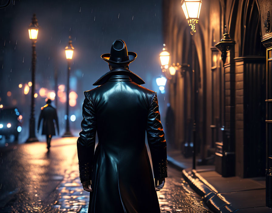 Individual in trench coat and fedora strolling on rainy, lamplit street