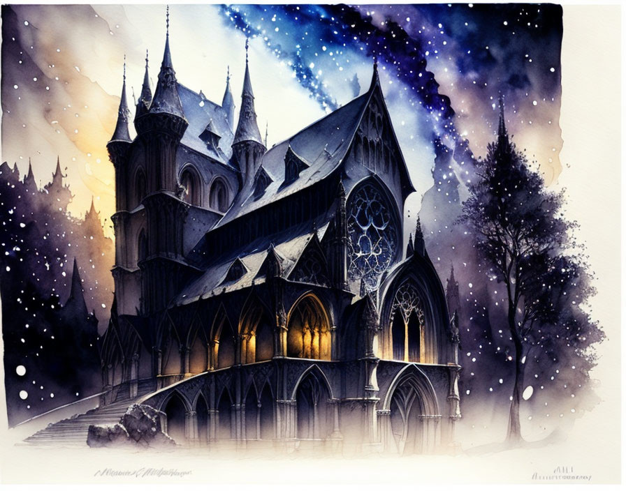 Watercolor illustration: Gothic cathedral in snowy night landscape