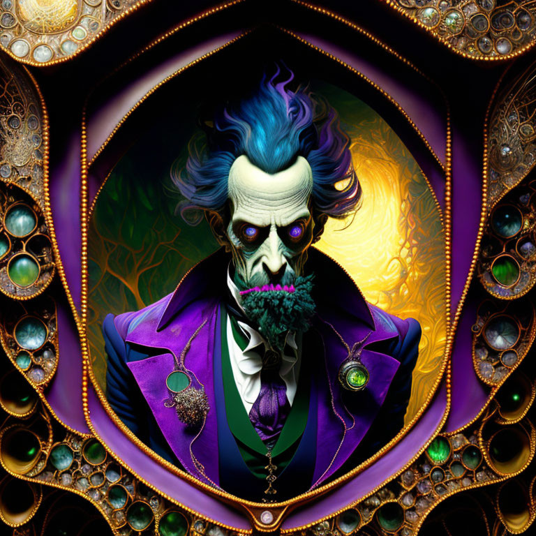 Gothic portrait of character with blue hair, green beard, purple coat, and ornate frame