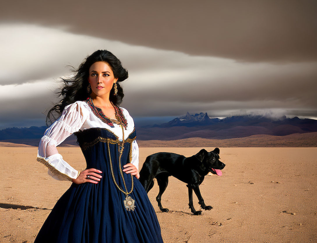 Woman in vintage dress with black dog in desert landscape