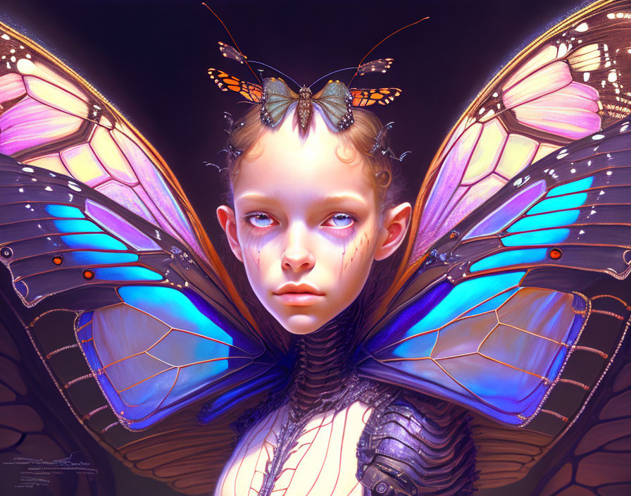 Child fantasy portrait with iridescent butterfly wings and forehead butterfly on dark backdrop