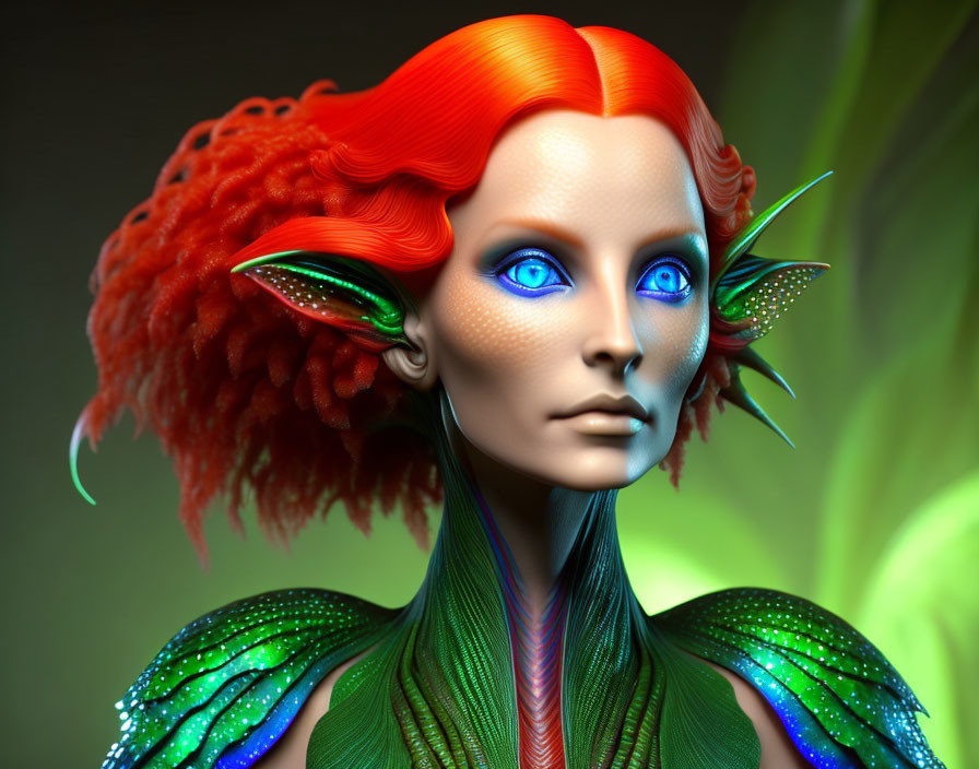 Fantasy creature digital artwork with red hair, blue skin, glowing eyes, pointed ears, and green