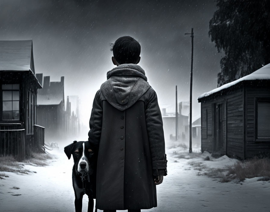 Person with dog on leash in snowy street, gazing at houses under gloomy sky