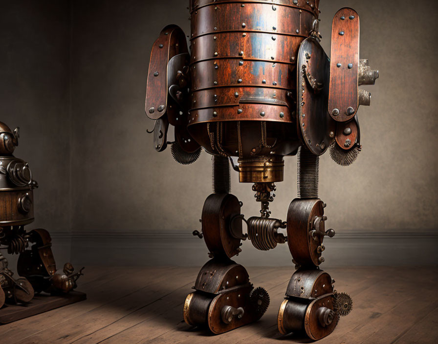 Vintage-Style Brown Metal Robot with Cylindrical Body and Gear Joints