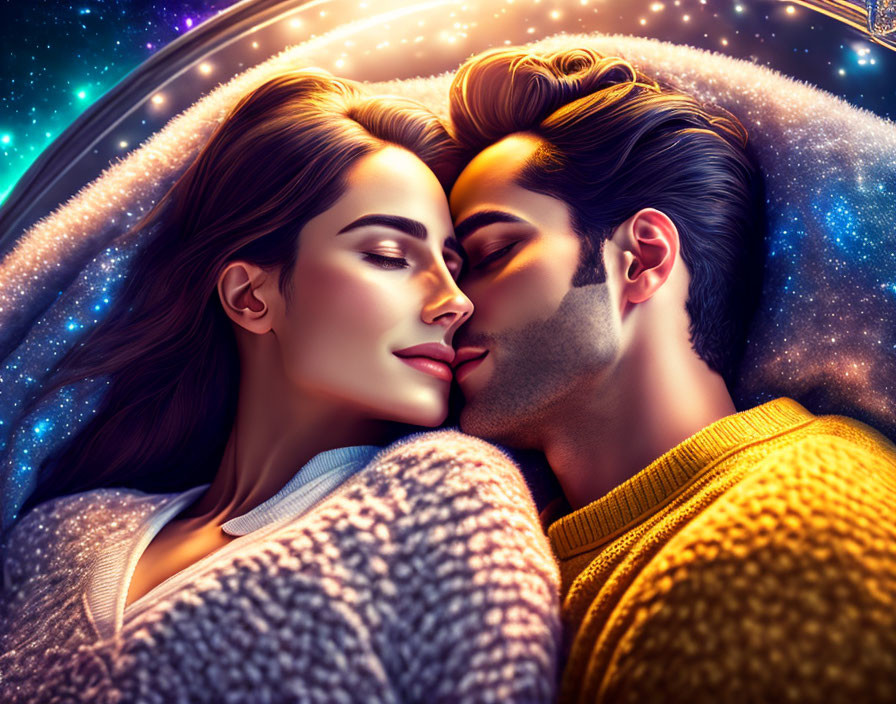 Romantic couple embracing in cosmic digital illustration