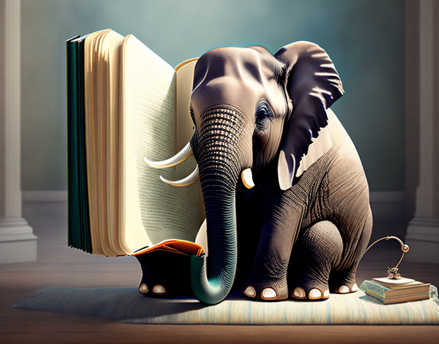 Small elephant emerging from open book with pen and inkwell - symbolizes reading and imagination