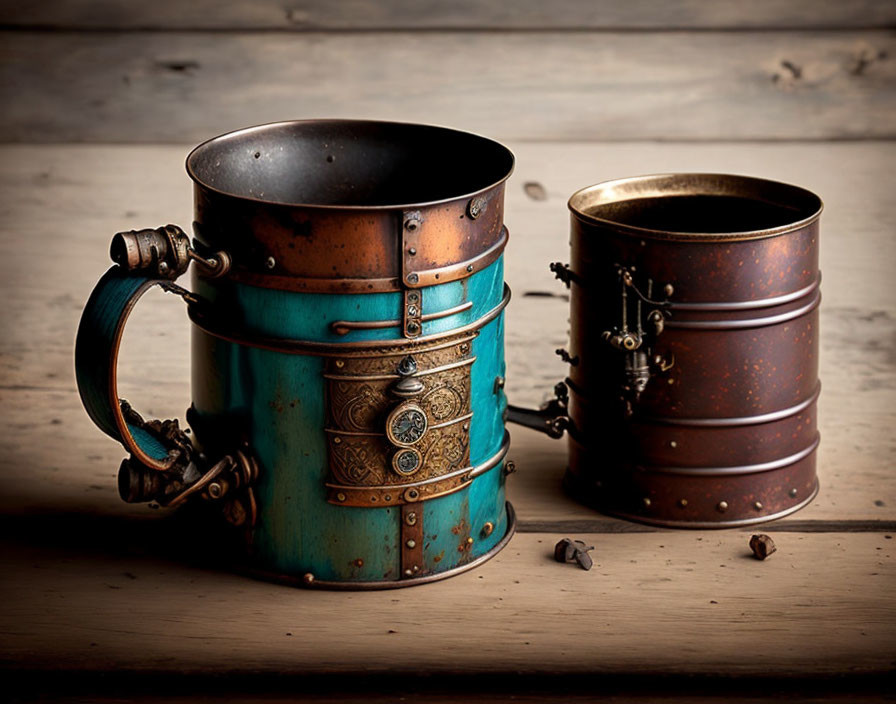 Steampunk-style mugs with brass accents on wooden surface