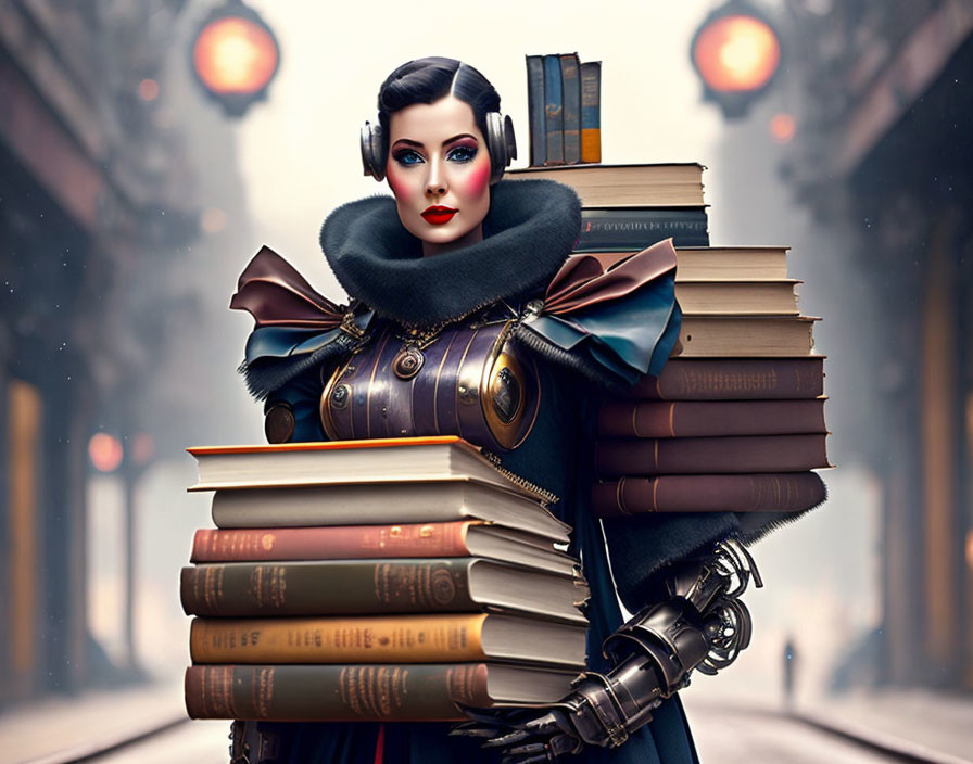 Victorian steampunk female figure with books in train station setting