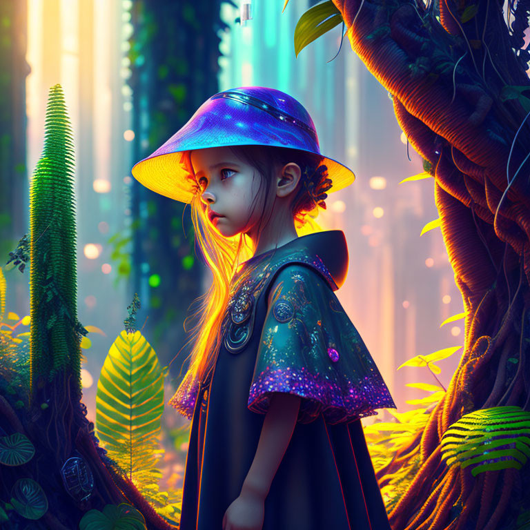 Young girl in fantasy forest with galaxy-themed hat and cloak among vibrant flora