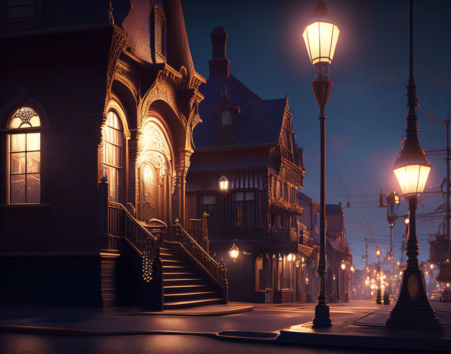 Victorian-style Street Scene with Illuminated Lamps at Night