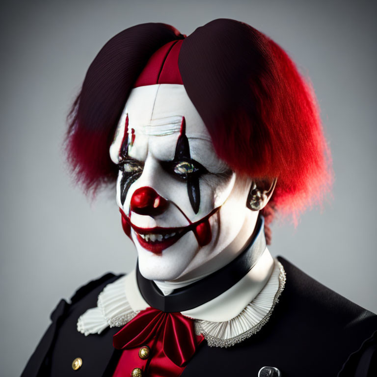 Clown with Red Hair and White Face in Dark Outfit