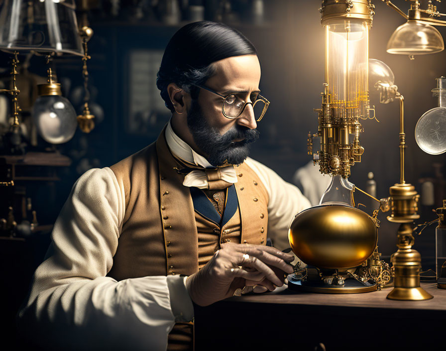 Victorian gentleman with beard and spectacles crafting brass device in dim workshop