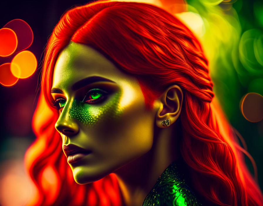 Vibrant portrait of a woman with red hair and green eyes on bokeh light background