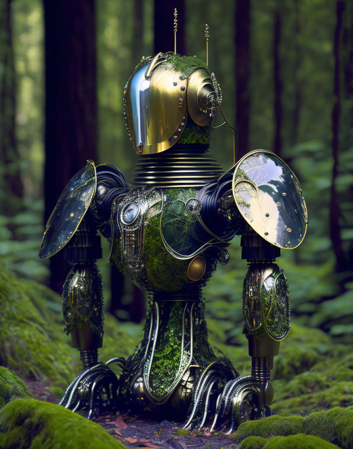 Steampunk-style robotic figure in gilded helmet amid mossy forest