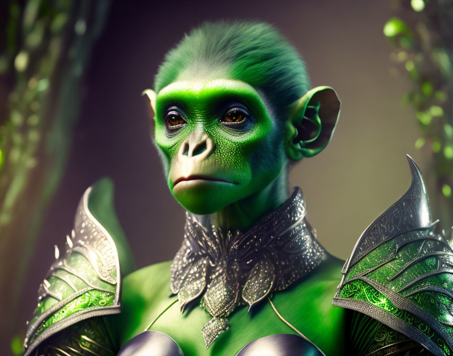 Green monkey-like humanoid with ornate shoulder armor in natural setting