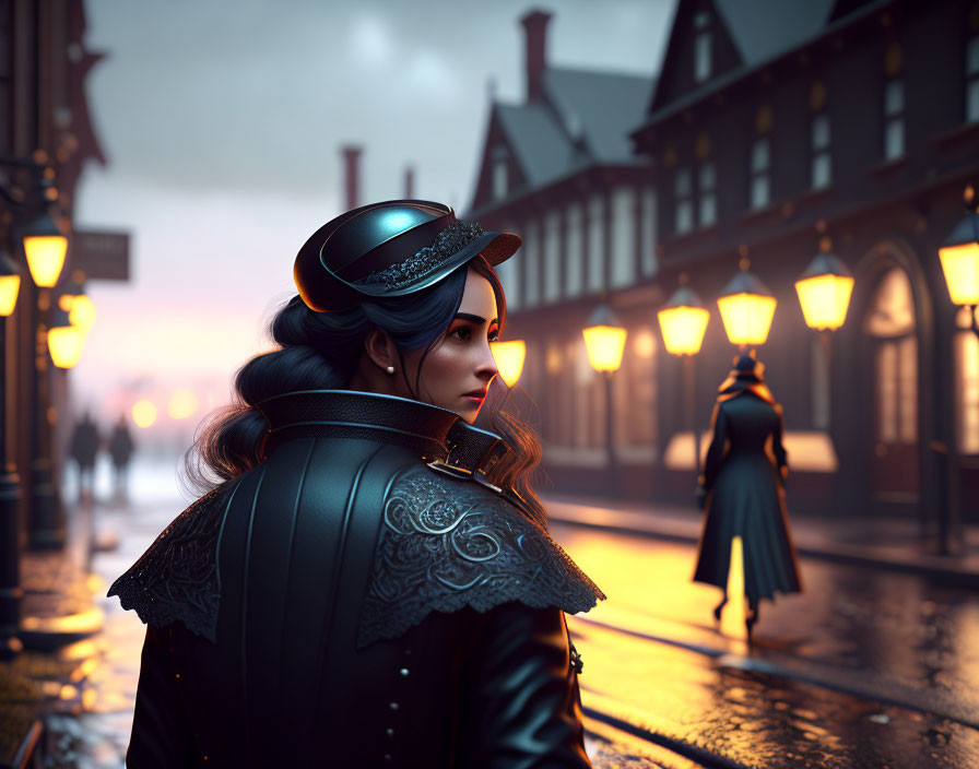 Victorian woman in hat on cobblestone street at dusk