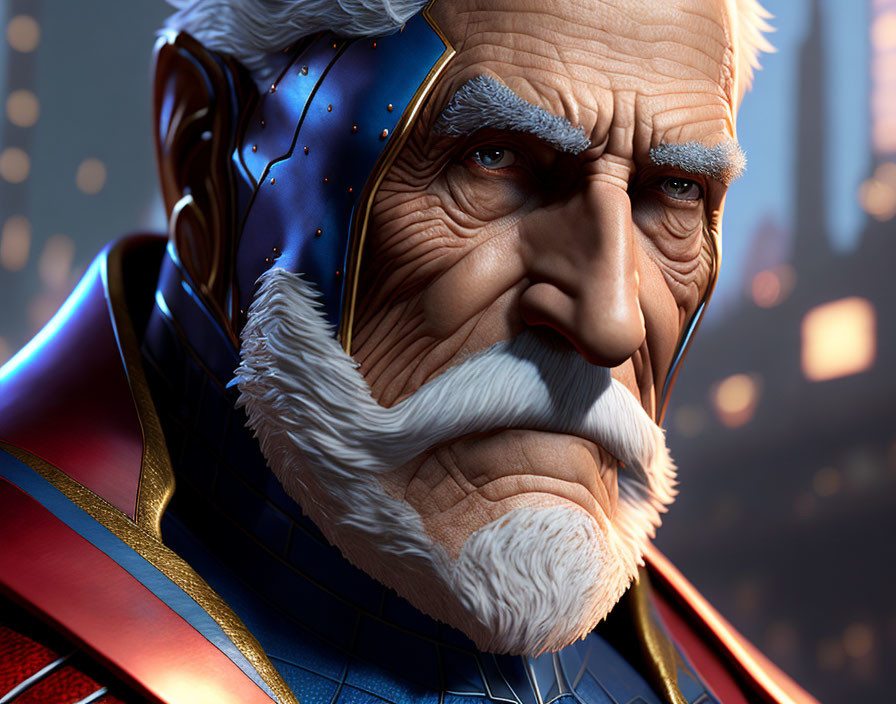 Elderly superhero with white beard and cape in blue and red costume gazes at city lights.