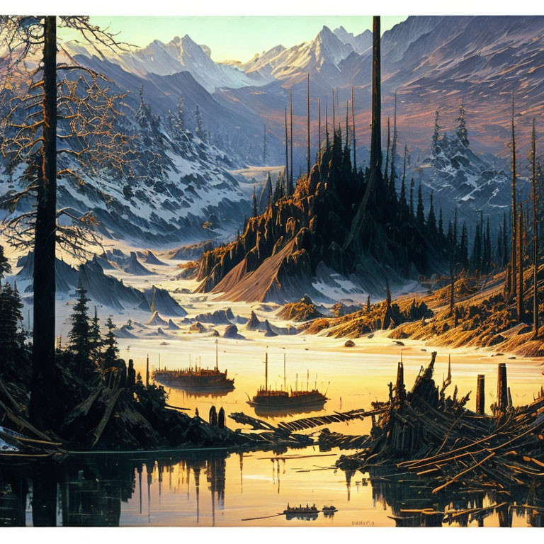 Mountainous landscape with pine trees, river, boats, and warm sunlight