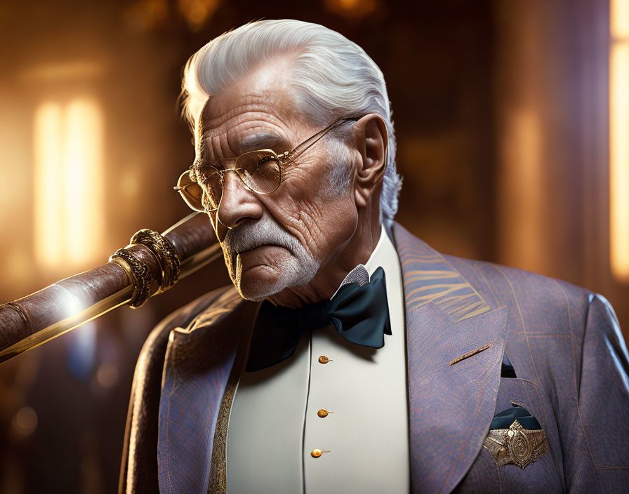 Elderly gentleman in suit with white mustache and cane