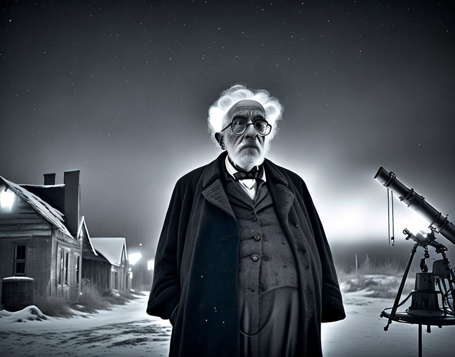 Elderly person with telescope in snowy night landscape