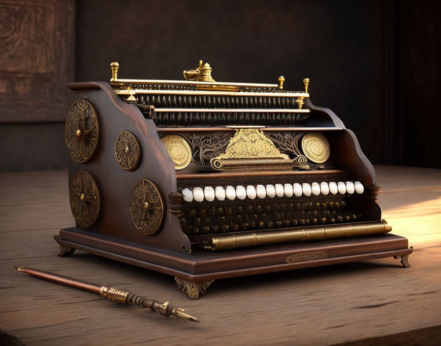 Vintage Typewriter with Decorative Elements and Quill on Wooden Desk