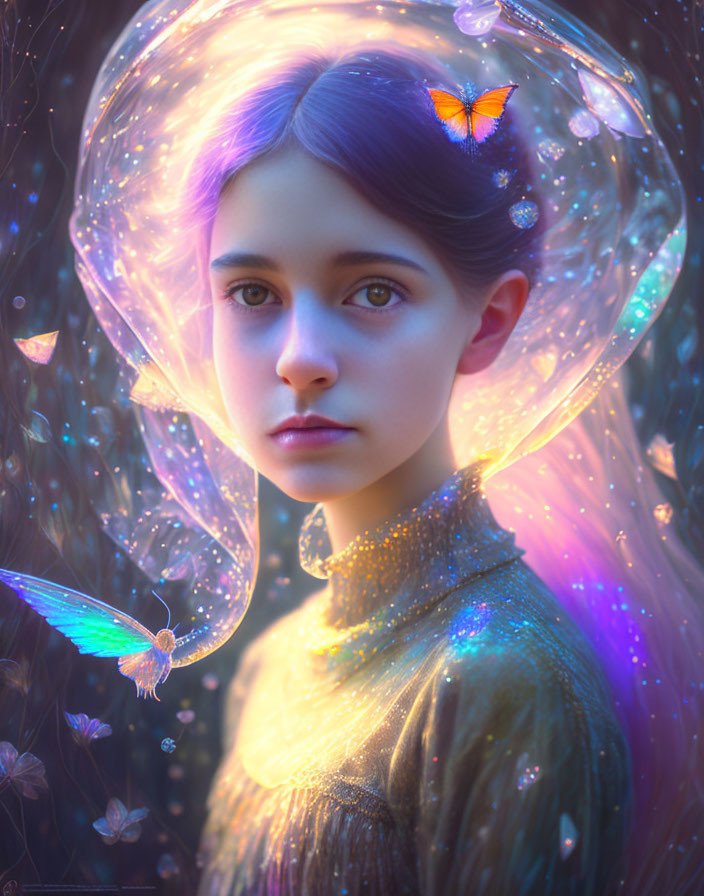 Purple-haired youth in luminous bubble with butterflies in mystical setting